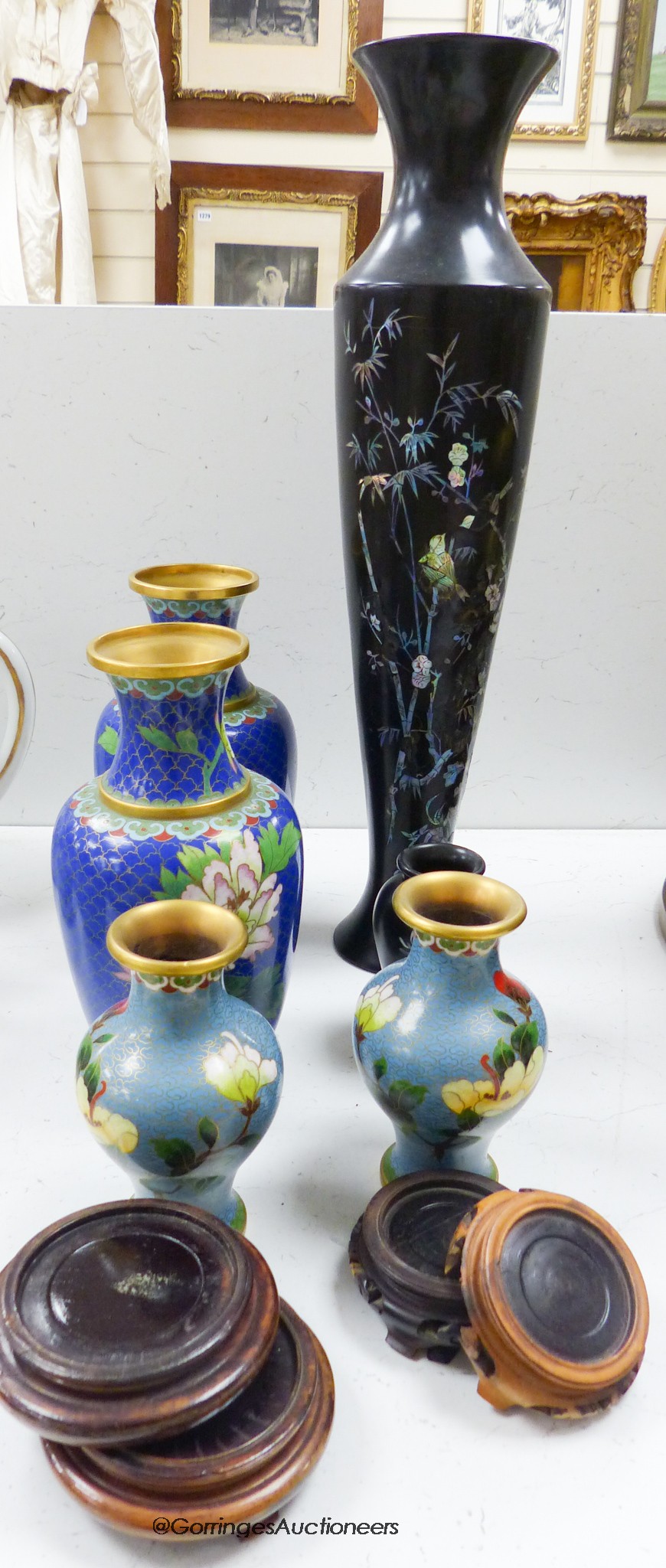 A pair of Chinese cloisonne vases and a smaller pair of cloisonne vases, and two mother of pearl inlaid vases, height 44cm